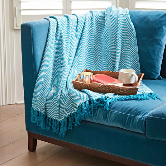 Recycled Cotton Woven Chevron Throw: Turquoise