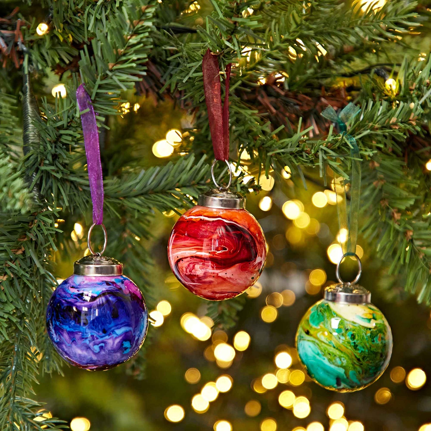 Set of 3 Zara Coloured Recycled Glass Marble Baubles