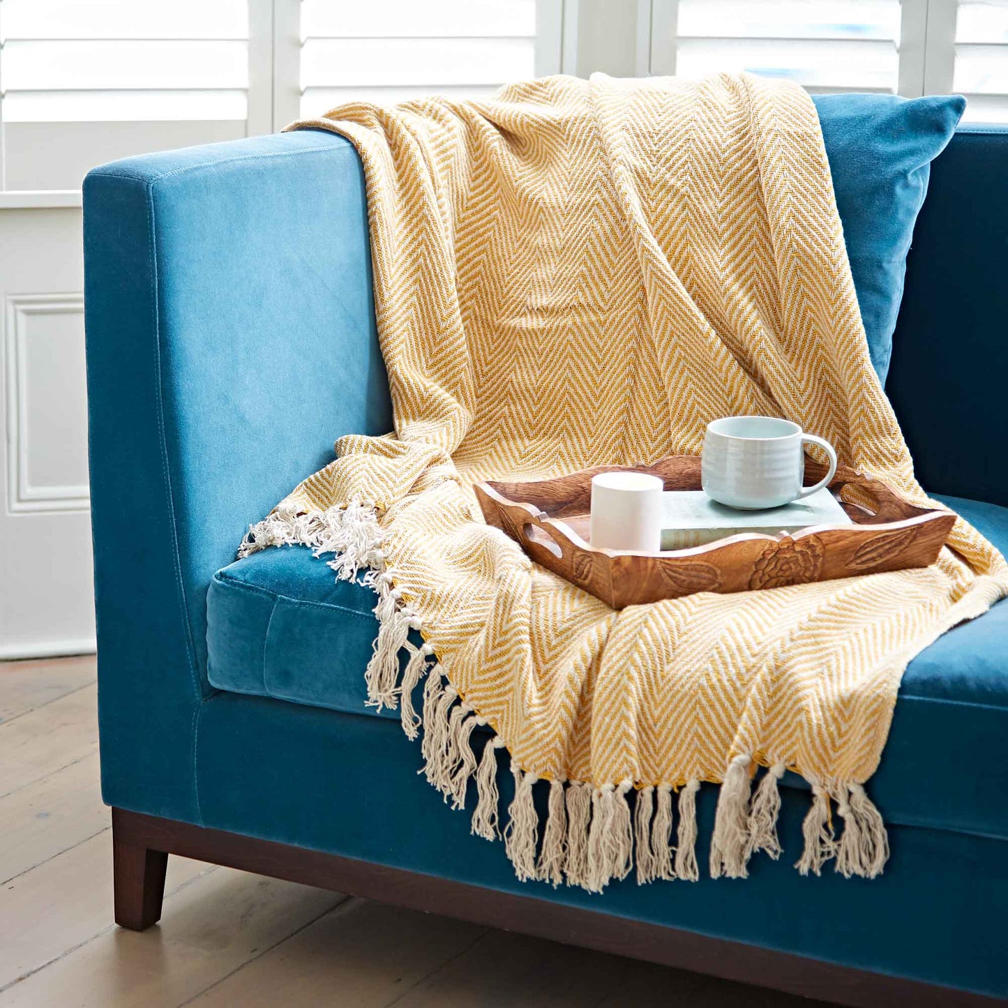 Recycled Cotton Woven Chevron Throw: Turquoise