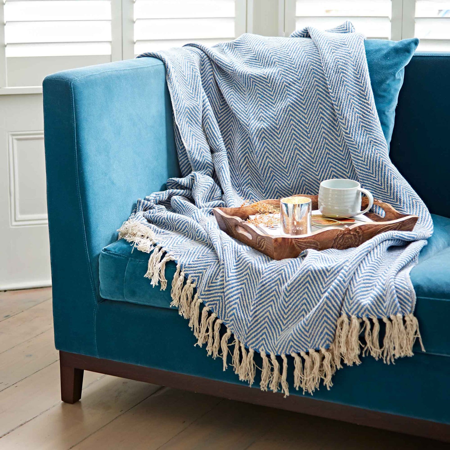 Recycled Cotton Woven Chevron Throw: Turquoise