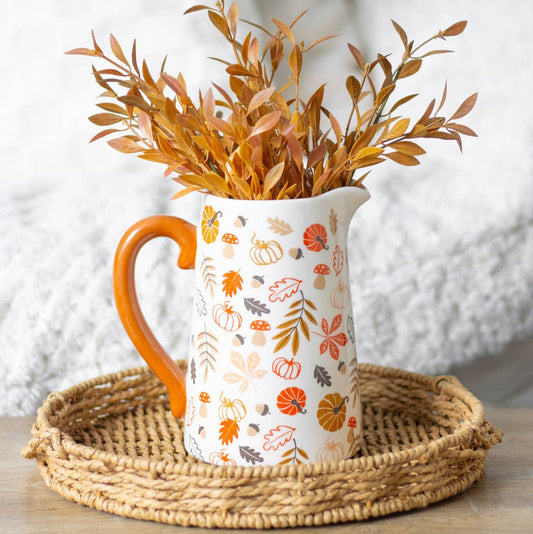 Fall and Autumn Leaves and Pumpkin Ceramic Flower Jug